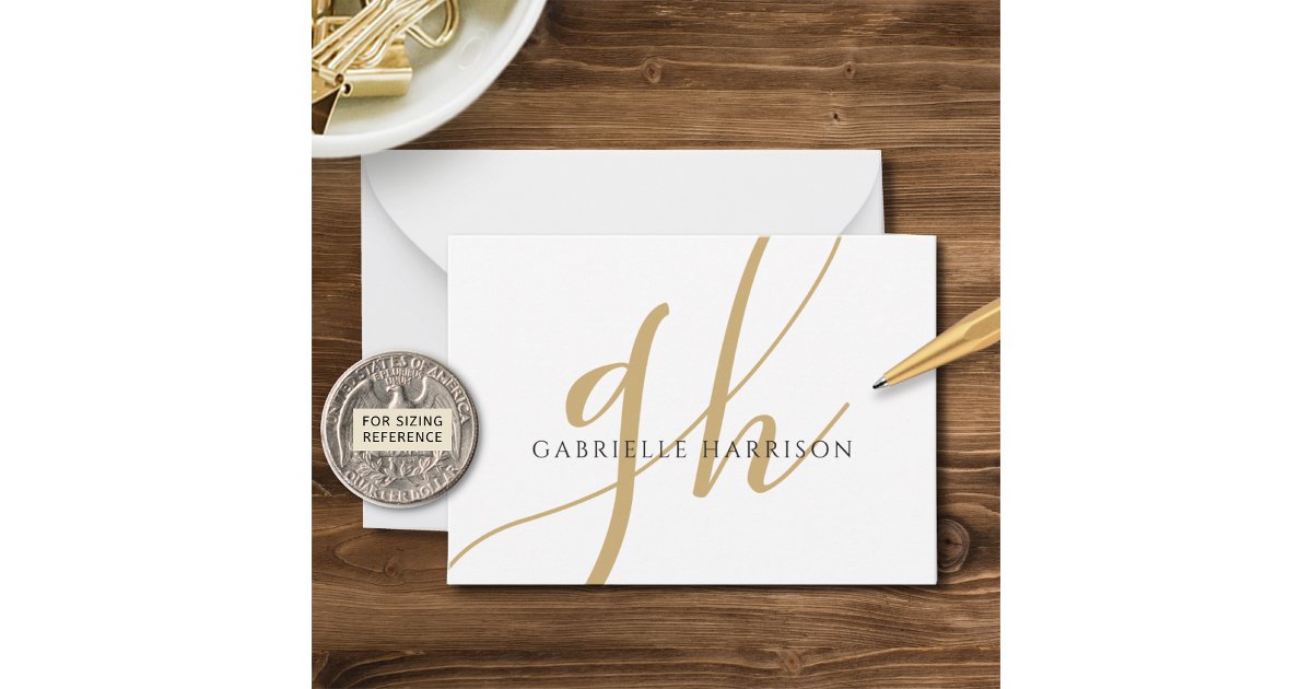 Modern Elegant Script Monogram Name Black Gold Note Card | Zazzle