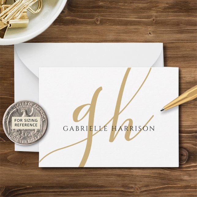 Modern Elegant Script Monogram Name Black Gold Note Card (Creator Uploaded)