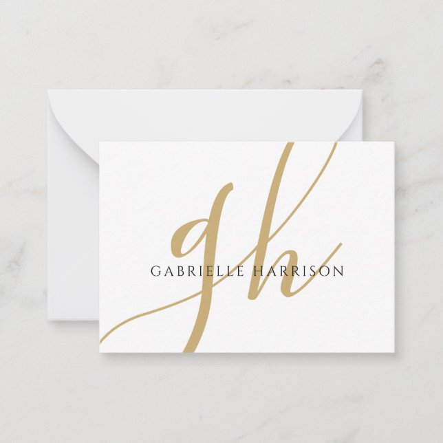 Modern Elegant Script Monogram Name Black Gold Note Card (Front)