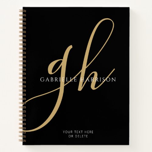 Modern Elegant Script Monogram Name Black Gold Notebook