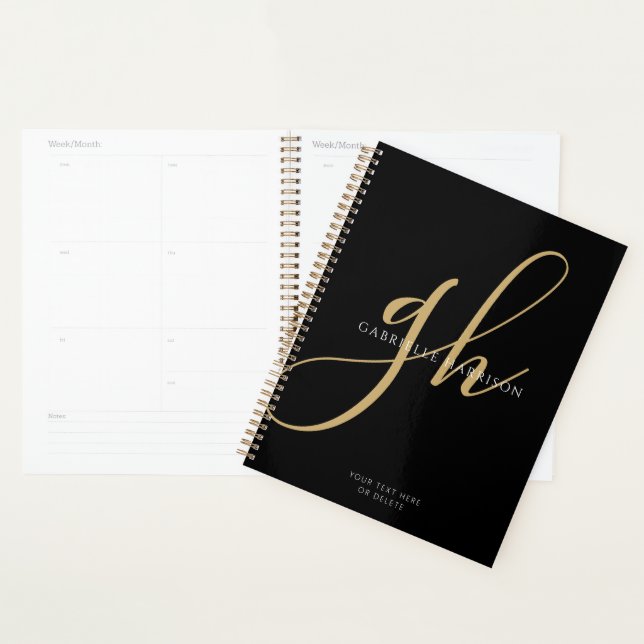 Modern Elegant Script Monogram Name Black Gold Planner (Display)