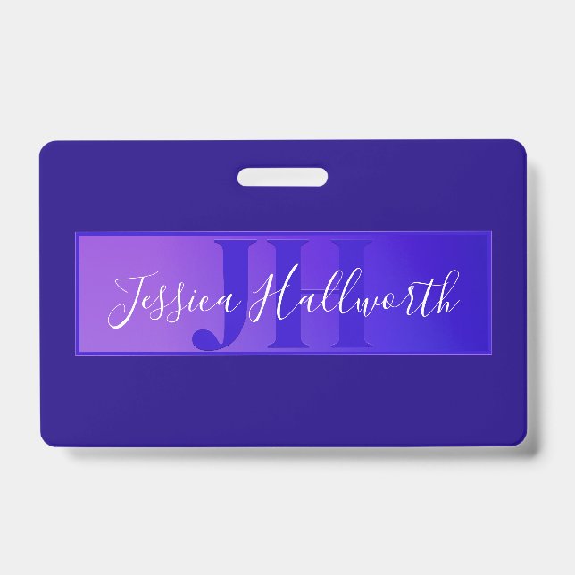 Modern Elegant Script Name & Monogram Ombre Purple Badge (Front)