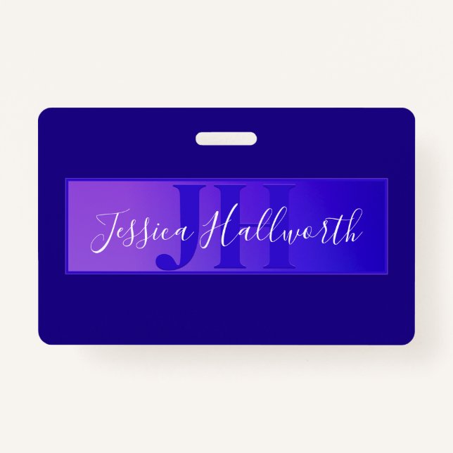 Modern Elegant Script Name & Monogram Ombre Purple Badge (Front)
