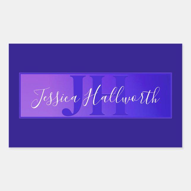 Modern Elegant Script Name & Monogram Ombre Purple Rectangular Sticker (Front)