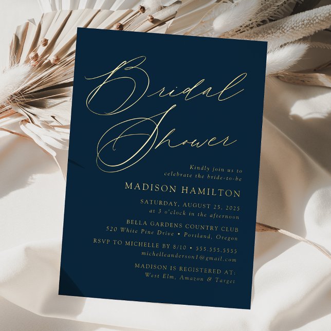 Modern Elegant Script Navy and Gold Bridal Shower Foil Invitation (Creator Uploaded)