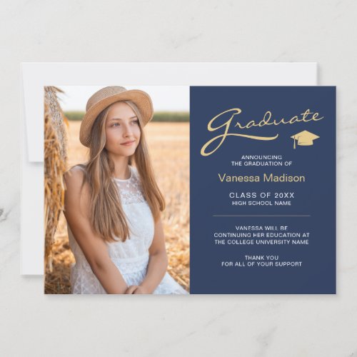 Modern Elegant Script Navy Blue  2 Photo Grad Announcement