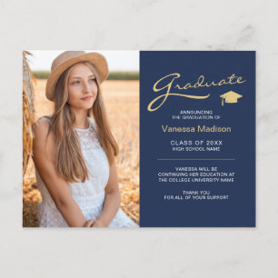Modern Elegant Script Navy Blue 2 Photo Grad Postcard