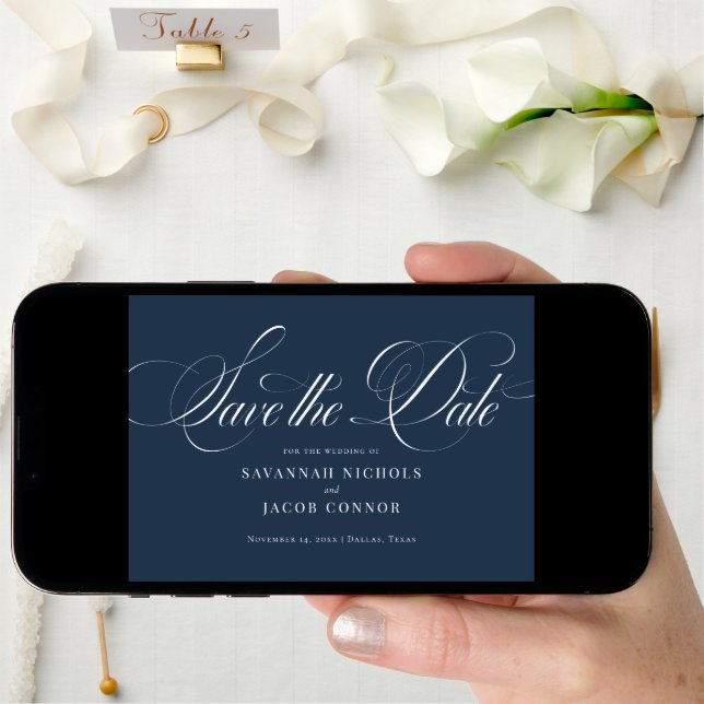 Modern Elegant Script Navy Blue Save The Date (Front Digital)