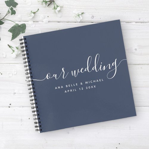 Modern Elegant Script Navy Blue Wedding Guest Notebook