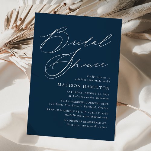 Modern Elegant Script Navy Bridal Shower Invitation