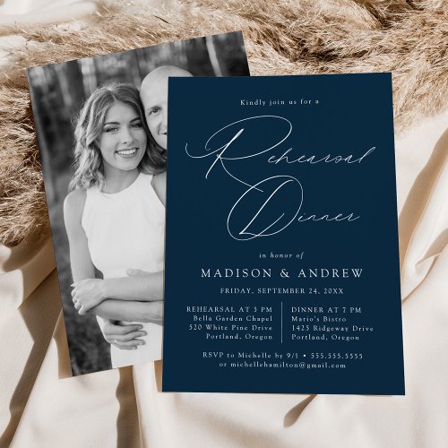 Modern Elegant Script Navy Photo Rehearsal Dinner Invitation