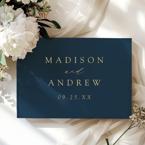 Modern Elegant Script Navy Photo Wedding Foil Guest Book