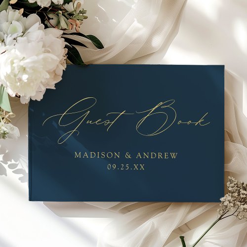 Modern Elegant Script Navy Photo Wedding Foil Guest Book