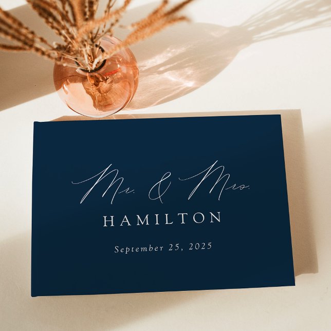 Modern Elegant Script Navy Photo Wedding Guest Book (Creator Uploaded)