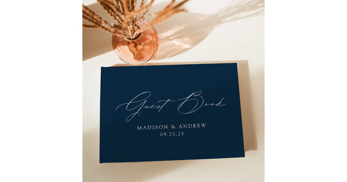 Modern Elegant Script Navy Photo Wedding Guest Book | Zazzle