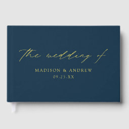 Modern Elegant Script Navy Photo Wedding Guest Book | Zazzle