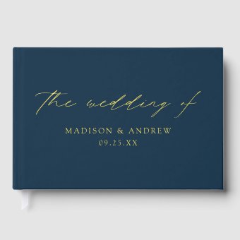 Modern Elegant Script Navy Photo Wedding Guest Book | Zazzle