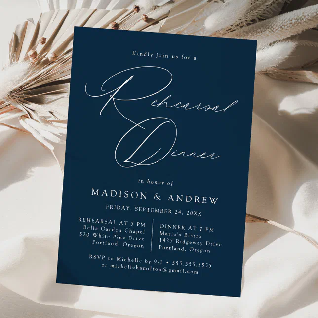 Modern Elegant Script Navy Rehearsal Dinner Invitation | Zazzle