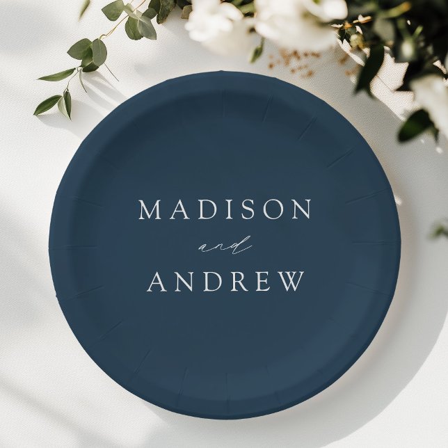 Modern Elegant Script Navy Wedding Paper Plates (Creator Uploaded)