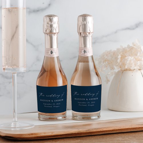 Modern Elegant Script Navy Wedding Sparkling Wine Label