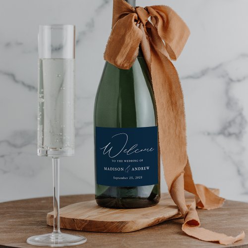 Modern Elegant Script Navy Wedding Sparkling Wine Label