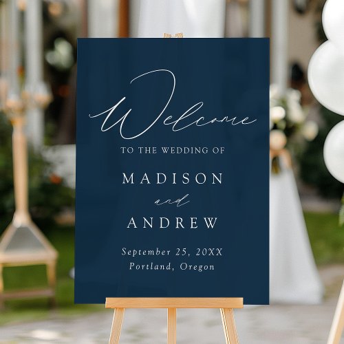 Modern Elegant Script Navy Wedding Welcome Acrylic Sign