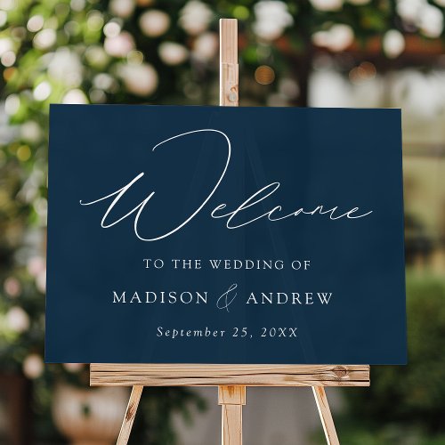 Modern Elegant Script Navy Wedding Welcome Acrylic Sign