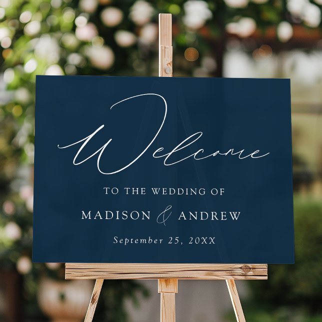Modern Elegant Script Navy Wedding Welcome Acrylic Sign (Creator Uploaded)