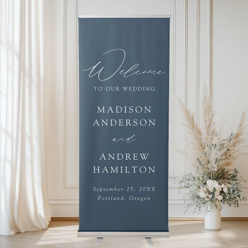 Modern Elegant Script Navy Wedding Welcome Retractable Banner