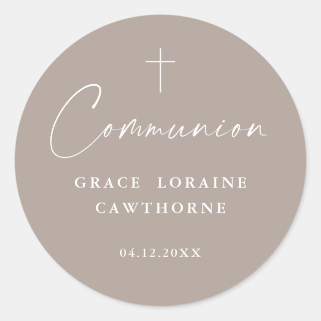Modern Elegant Script Neutral First Communion Classic Round Sticker (Front)