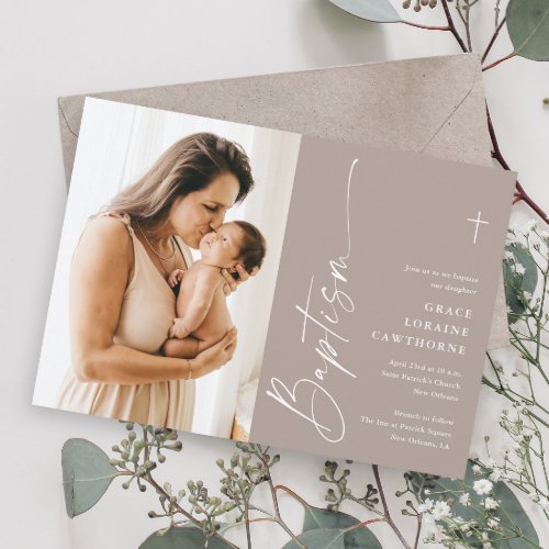 Modern Elegant Script Neutral Photo Baptism Invitation