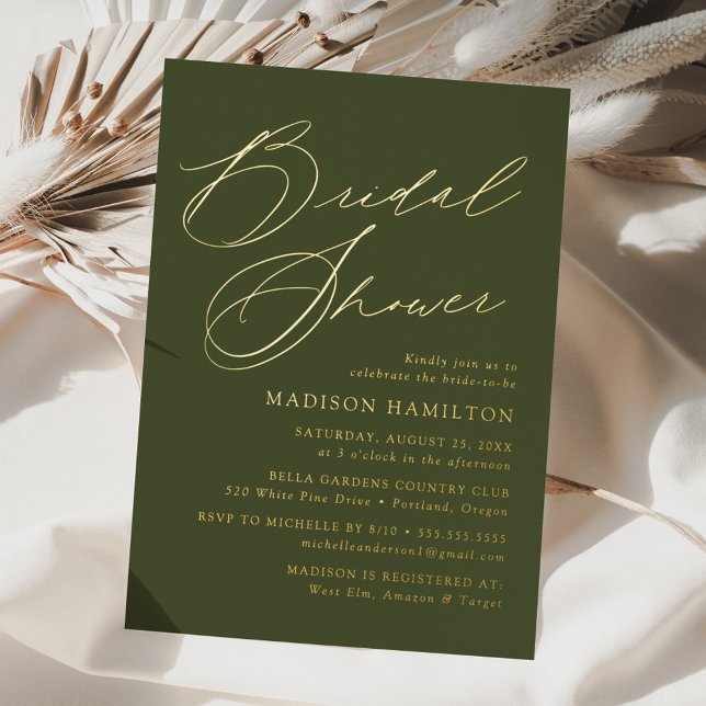Modern Elegant Script Olive Green Bridal Shower Foil Invitation (Creator Uploaded)