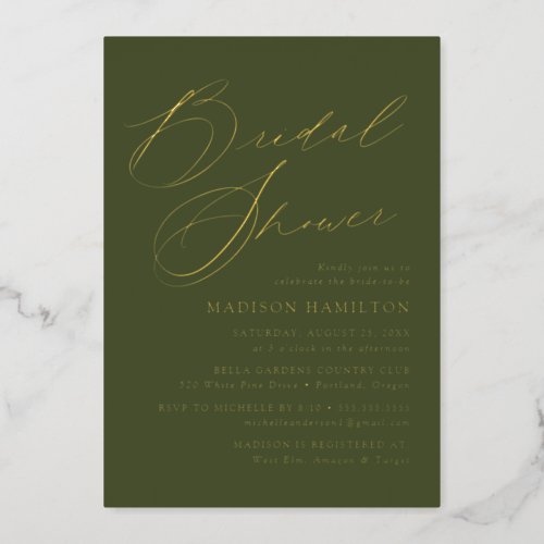 Modern Elegant Script Olive Green Bridal Shower Foil Invitation