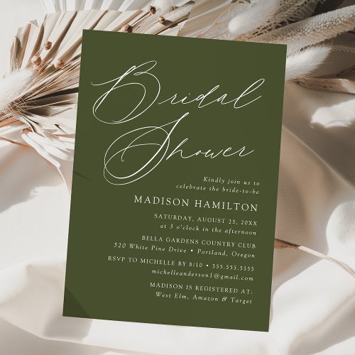 Modern Elegant Script Olive Green Bridal Shower Invitation