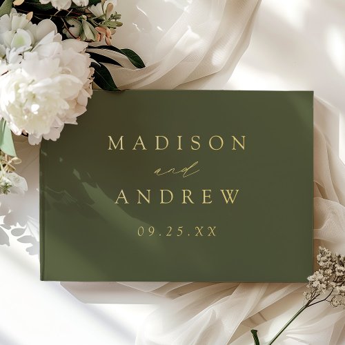 Modern Elegant Script Olive Green Photo Wedding Foil Guest Book