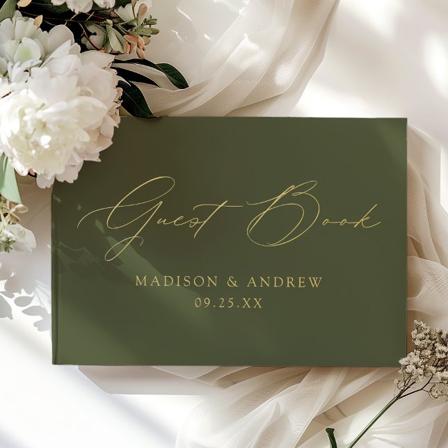 Modern Elegant Script Olive Green Photo Wedding Foil Guest Book (Creator Uploaded)
