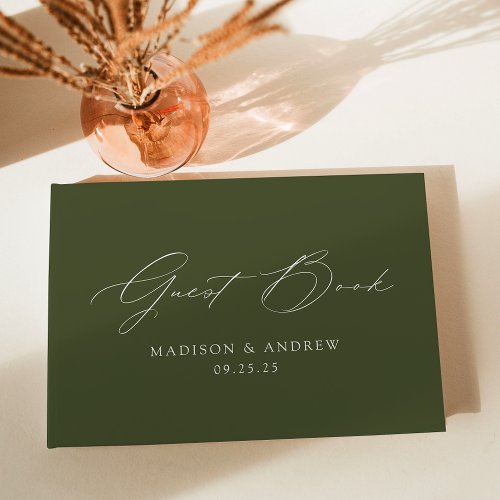 Modern Elegant Script Olive Green Photo Wedding Guest Book