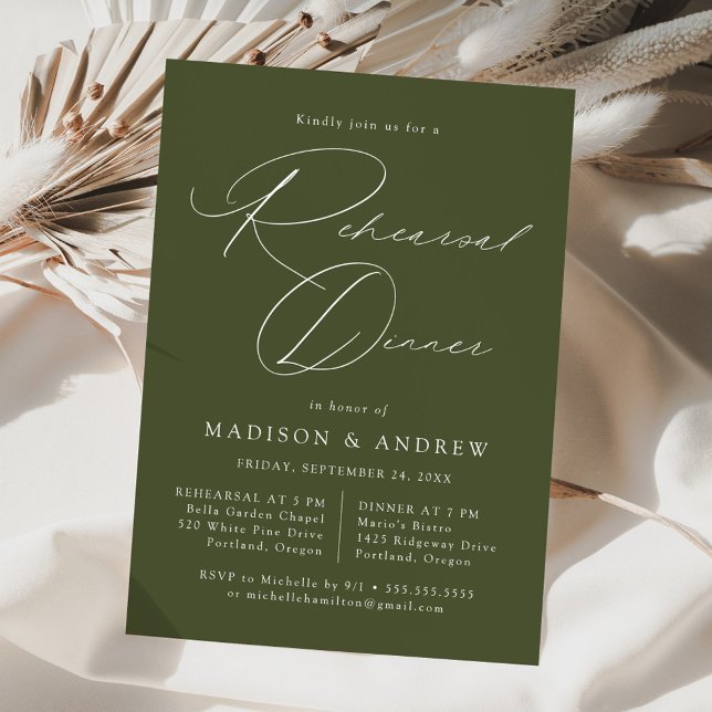 Modern Elegant Script Olive Green Rehearsal Dinner Invitation (Creator Uploaded)