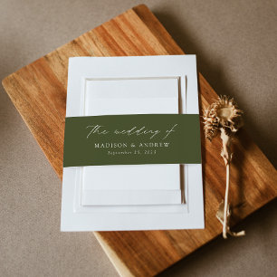 Modern Elegant Script Olive Green Wedding Invitation Belly Band