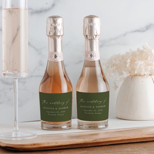 Modern Elegant Script Olive Green Wedding Sparkling Wine Label