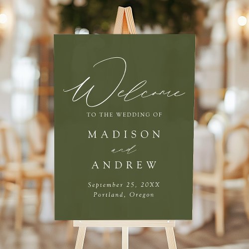 Modern Elegant Script Olive Green Wedding Welcome Acrylic Sign