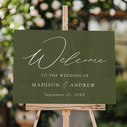 Modern Elegant Script Olive Green Wedding Welcome Acrylic Sign