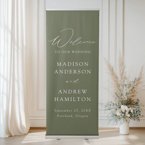 Modern Elegant Script Olive Green Wedding Welcome Retractable Banner