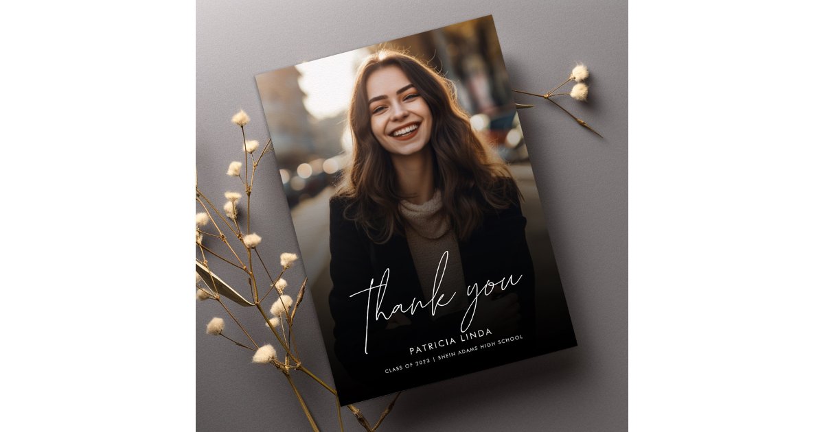 Modern Elegant Script Overlay Photo Graduation Thank You Card | Zazzle