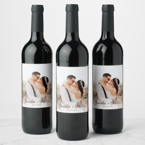 Modern Elegant Script Overlay Photo Wedding Wine Label