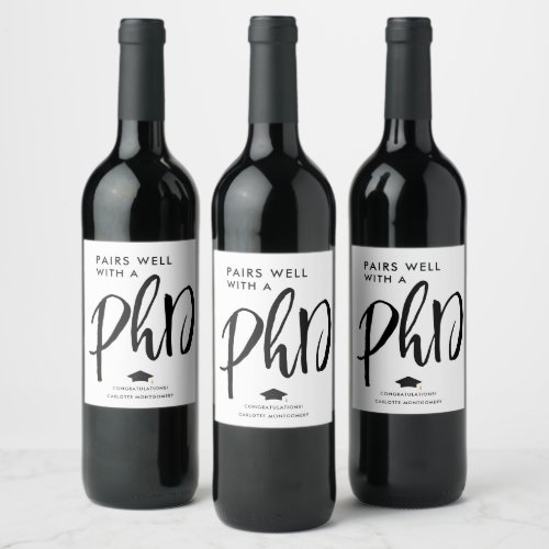 Modern Elegant Script PhD Graduate Congratulation Wine Label