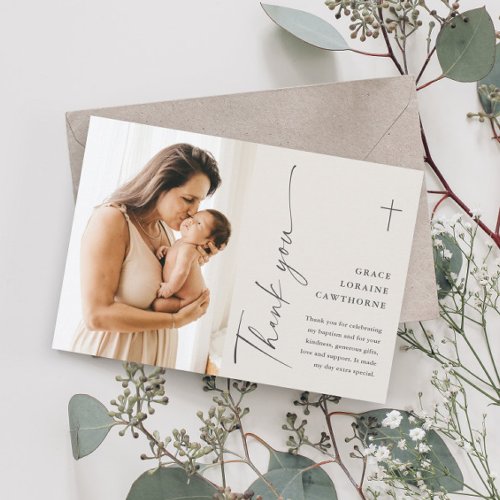 Modern Elegant Script Photo Baptism Thank You Card