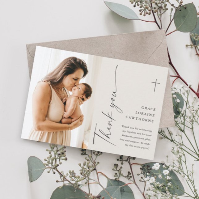 Modern Elegant Script Photo Baptism Thank You Card (Creator Uploaded)