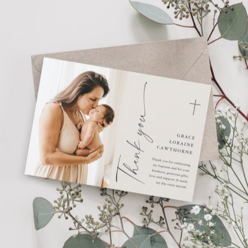 Modern Elegant Script Photo Baptism Thank You Card