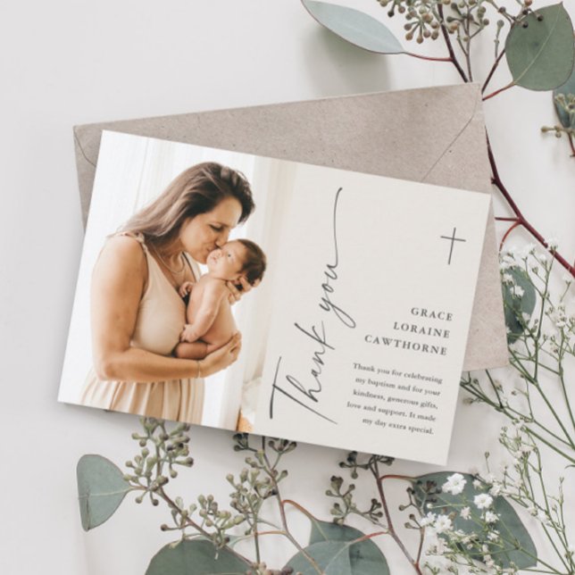 Modern Elegant Script Photo Baptism Thank You Card (Creator Uploaded)